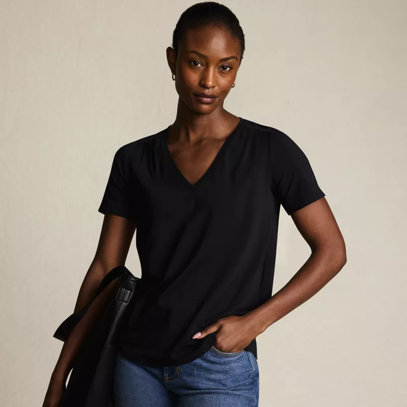 Women's Short Sleeve Lightweight Jersey Gathered Shoulder T-Shirt, alternative image