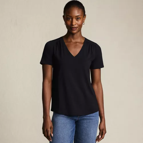 Women's Short Sleeve Lightweight Jersey Gathered Shoulder T-Shirt, Front