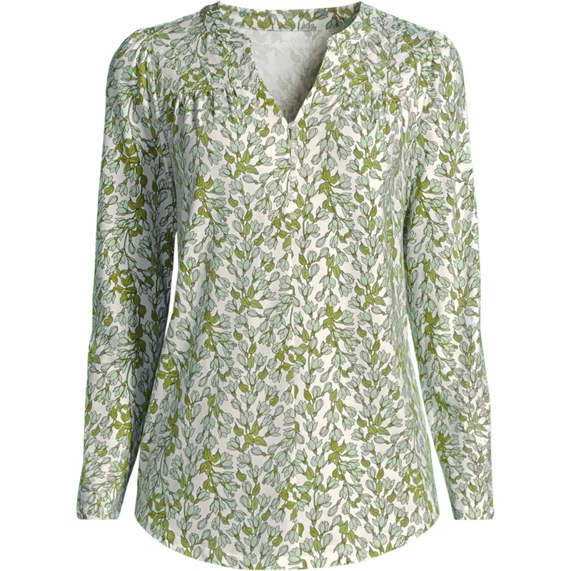 Women's Long Sleeve Lightweight Jersey Notch Neck Tunic Top, Front