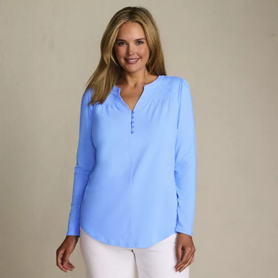 Women's Long Sleeve Lightweight Jersey Notch Neck Tunic Top - primary
