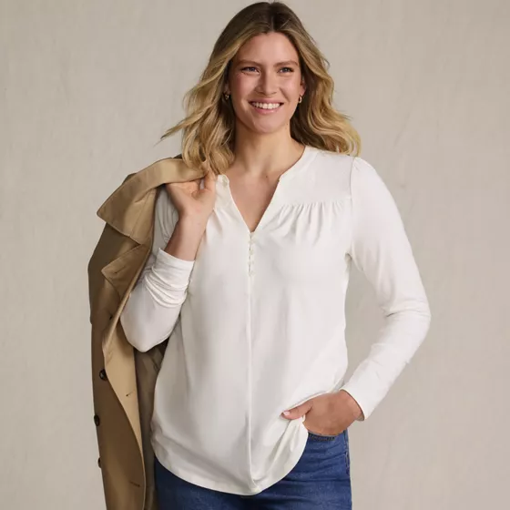 Women's Long Sleeve Lightweight Jersey Notch Neck Tunic Top - primary