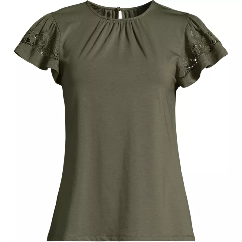 Women's Lightweight Jersey Crew Neck Ruffle Sleeve Flowy Top, Front