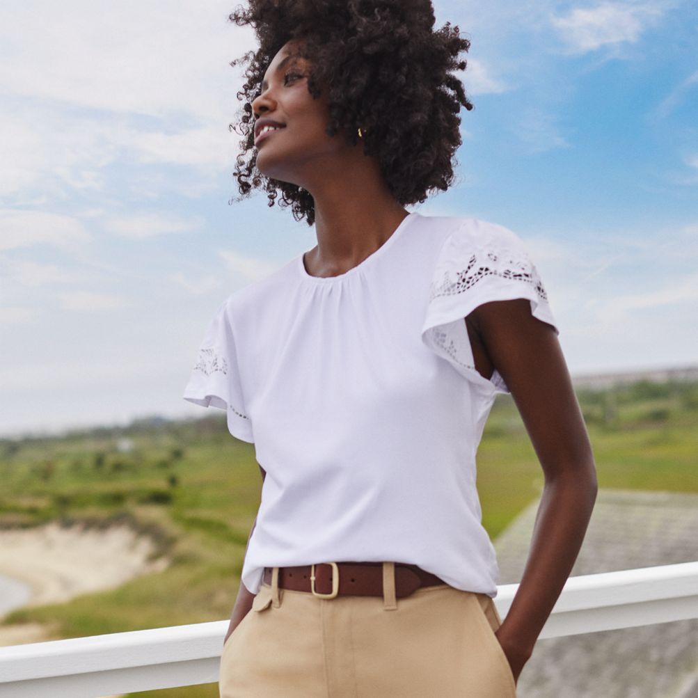 Women's Lightweight Jersey Crew Neck Ruffle Sleeve Flowy Top