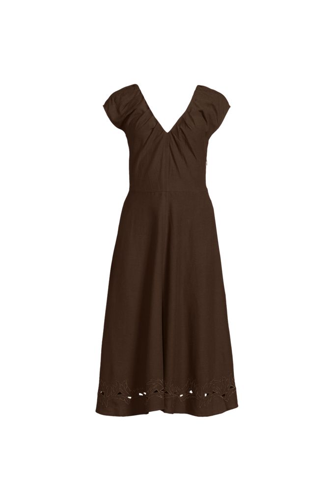 Women's Plus Size Cotton Blend Short Sleeve Midi Dress with Cutwork - Lands' End - Brown - 20W