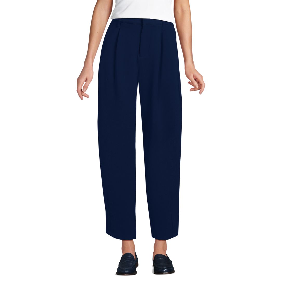 Women's Crepe High Rise Pleated Barrel Leg Ankle Pants