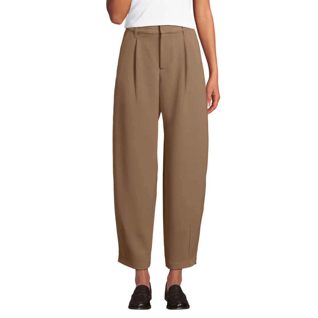 Women's Crepe High Rise Pleated Barrel Leg Ankle Pants