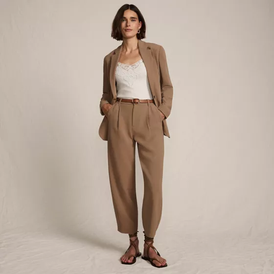 Women's Crepe High Rise Pleated Barrel Leg Ankle Pants - primary
