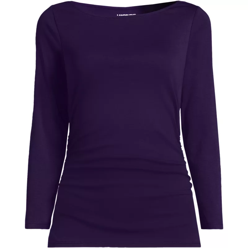 School Uniform Women's Supima Micro Modal Three Quarter Sleeve Ruched Waist Top, Front