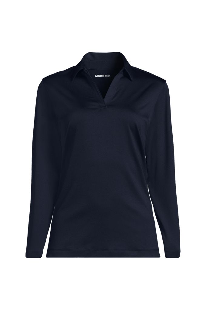 Lands' End School Uniform Women's Rapid Dry Long Sleeve Sport Collar Polo In Blue