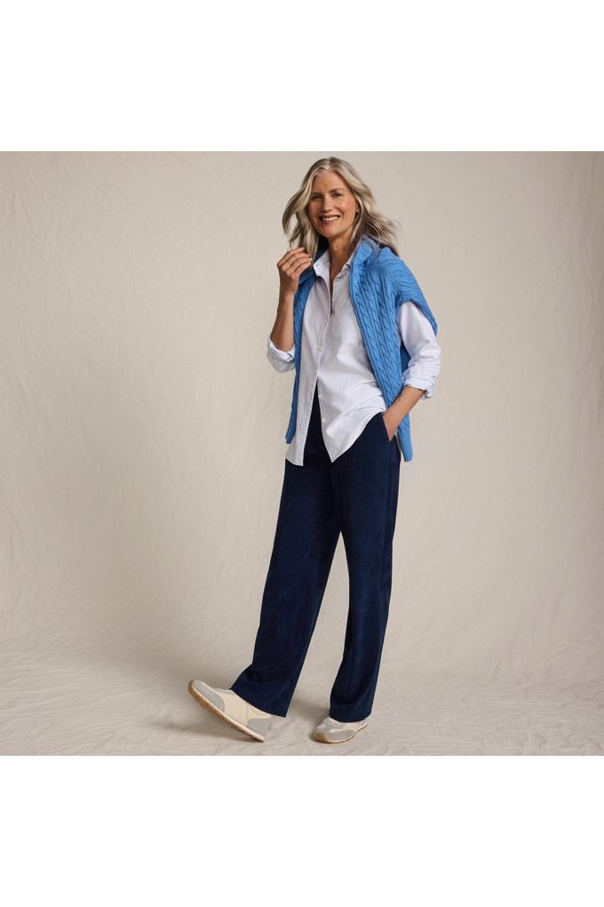 Lands' End Women's Petite Sport Cord High Rise Relaxed Straight Leg Pants In Blue