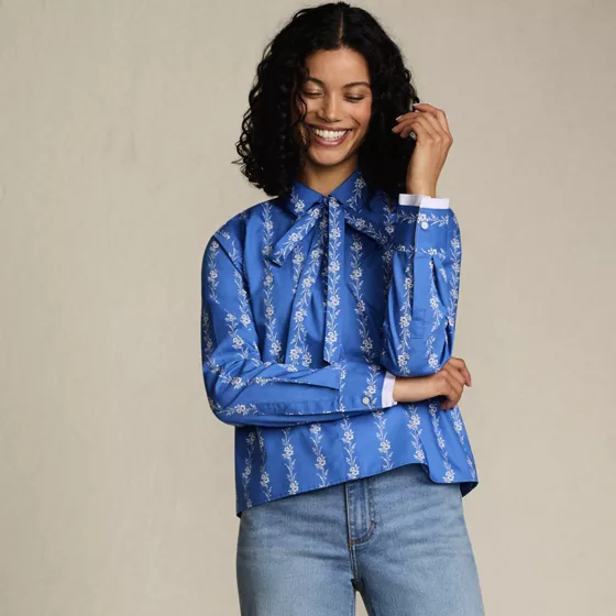 Women's Carefree Cotton Shirt with Removable Bow - primary