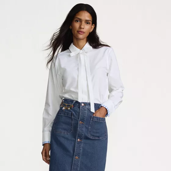 Women's Carefree Cotton Shirt with Removable Bow - primary