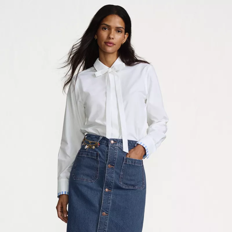 Women's Carefree Cotton Shirt with Removable Bow, alternative image