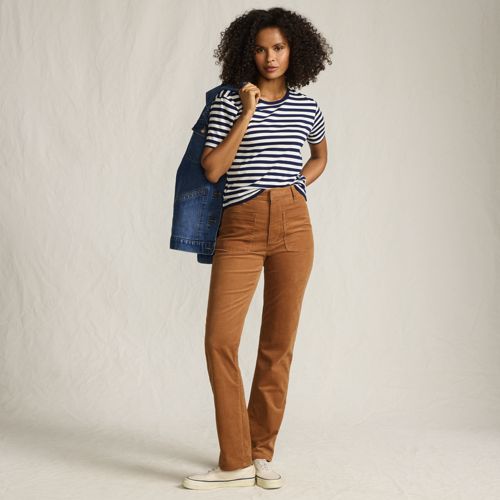Rail Cord Straight Leg Trousers, High Waisted, Women, size: 14-16, petite, Brown, Spandex/Cotton-blend, by Lands' End