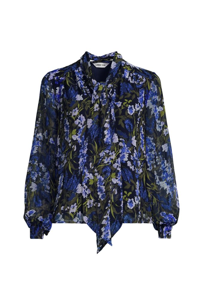 Women's Chiffon Removable Tie Neck Blouse - Lands' End - Blue - XS