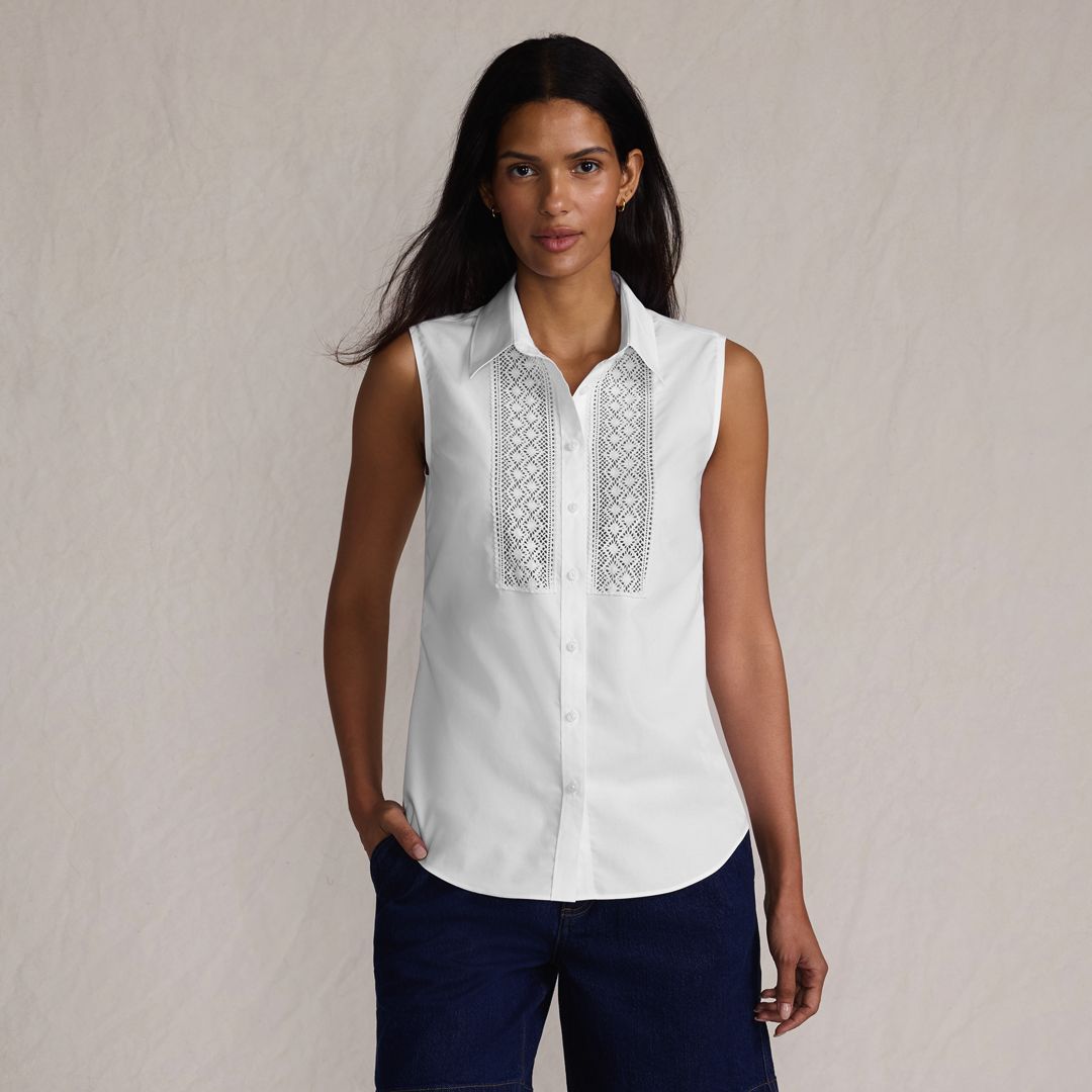 Women's Sleeveless No Iron Shirt with Lace Inset