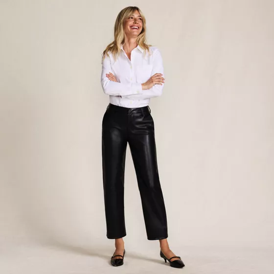 Women Faux Leather Mid Rise Relaxed Straight Leg Crop Pants - primary