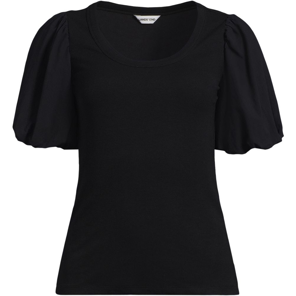 Women's Drapey Rib Puff Sleeve Scoop Neck Top | Lands' End