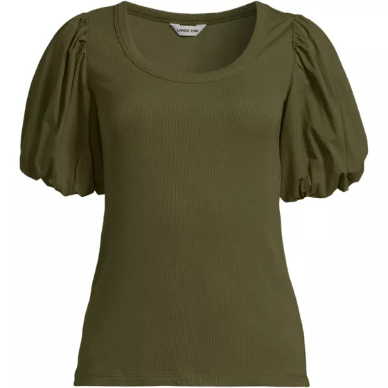 Women's Drapey Rib Puff Sleeve Scoop Neck Top - primary