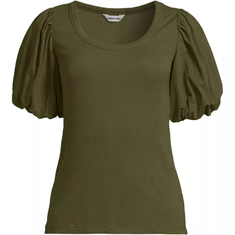 Women's Plus Size Drapey Rib Puff Sleeve Scoop Neck Top, Front