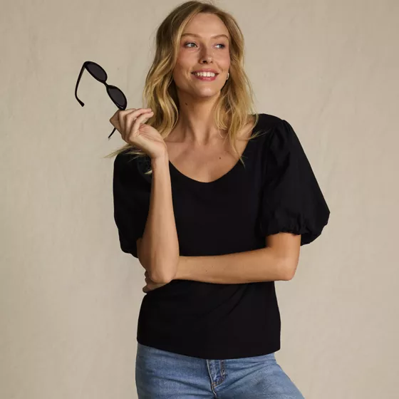 Women's Drapey Rib Puff Sleeve Scoop Neck Top - primary