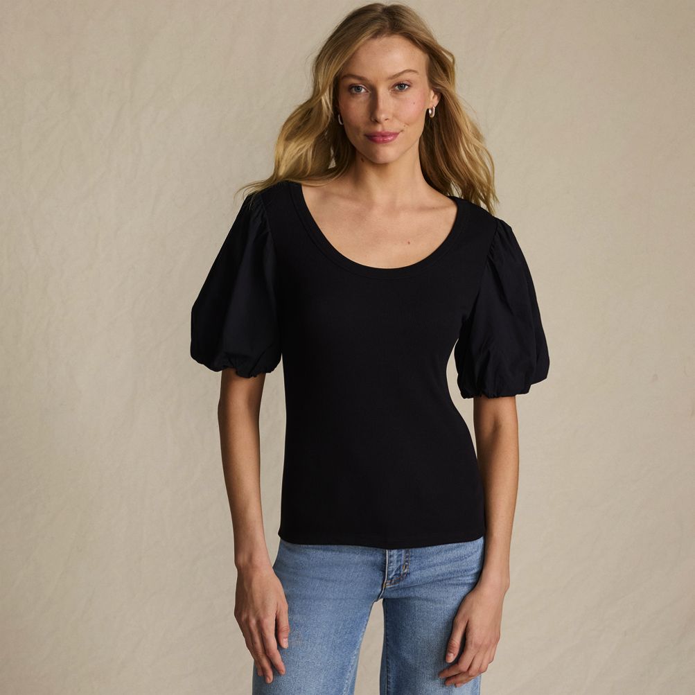 Women's Drapey Rib Puff Sleeve Scoop Neck Top | Lands' End