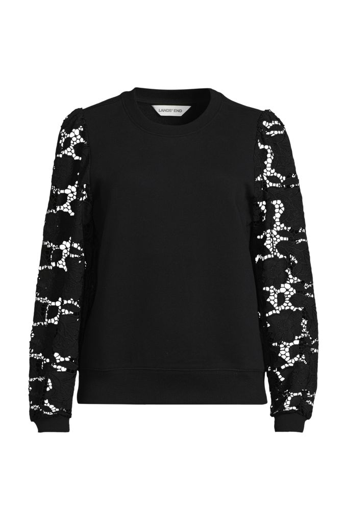 Women's Serious Sweats Lace Sleeve Sweatshirt - Lands' End - Black - L