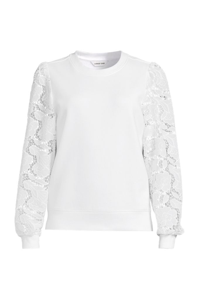 Women's Plus Size Serious Sweats Lace Sleeve Sweatshirt - Lands' End - White - 2X