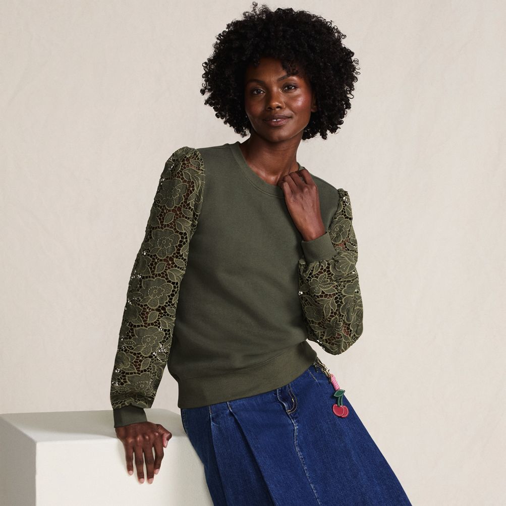 Women's Serious Sweats Lace Sleeve Sweatshirt | Lands' End