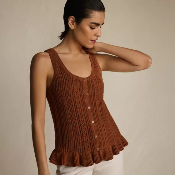 Women's Cotton Boucle Ruffle Hem Sleeveless Sweater - primary