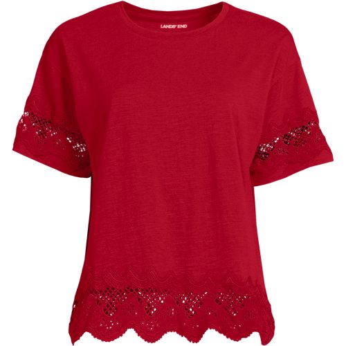 Trimmed Slub Cotton Top, Women, size: 1XL, plus, Red, Cotton, by Lands' End