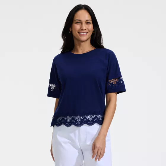 Women's Petite Short Sleeve Slub Jersey Cutwork T-Shirt - primary