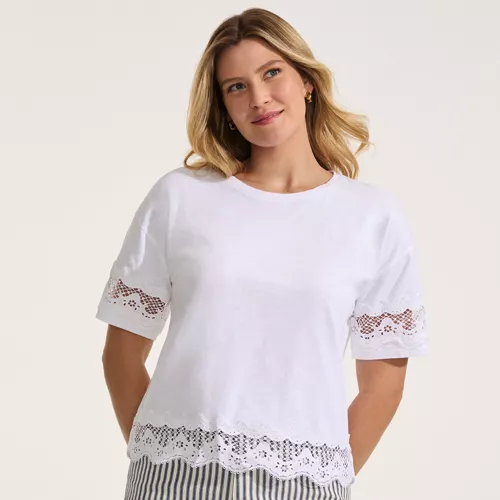 Women's Short Sleeve Slub Jersey Cutwork T-Shirt, alternative image