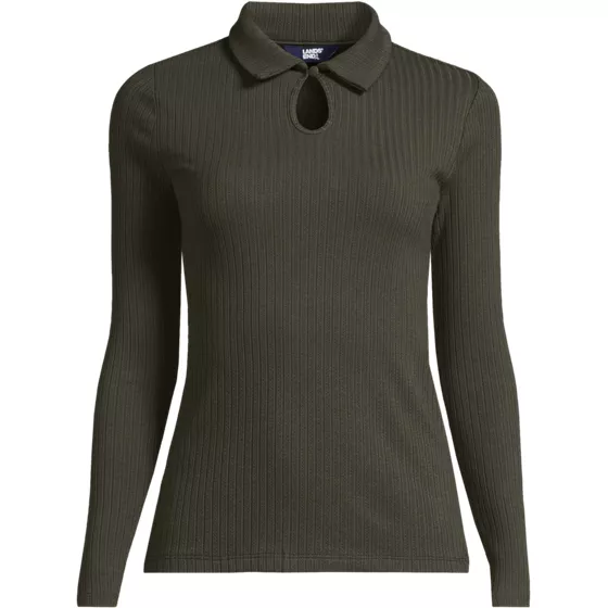 Women's Long Sleeve Pointelle Rib Keyhole Polo Top - primary