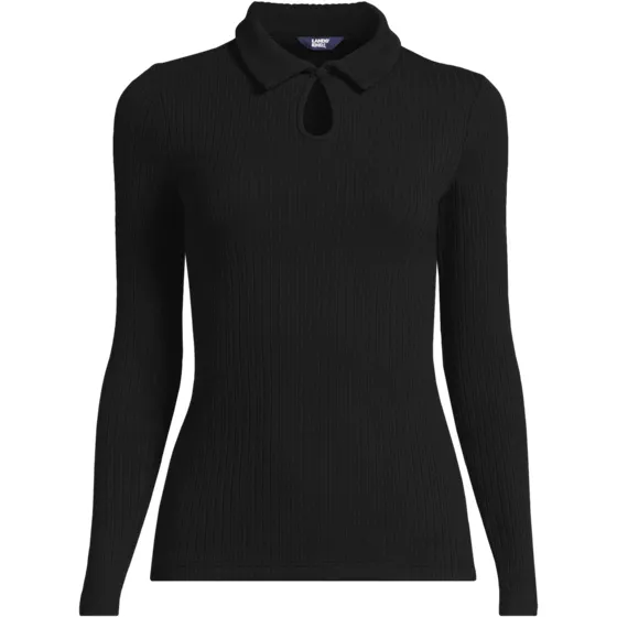 Women's Long Sleeve Pointelle Rib Keyhole Polo Top - primary