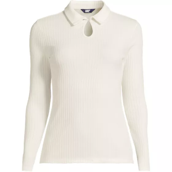 Women's Plus Size Long Sleeve Pointelle Rib Keyhole Polo Top - primary