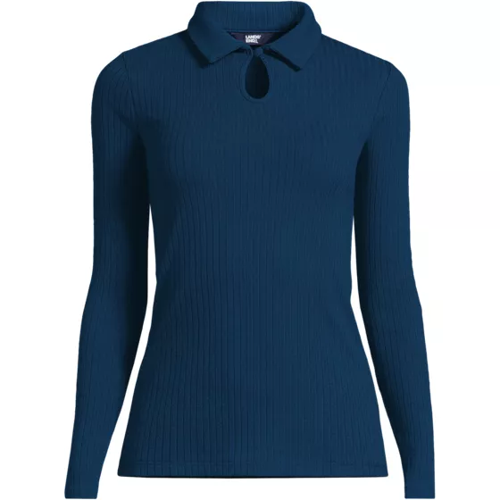 Women's Long Sleeve Pointelle Rib Keyhole Polo Top - primary