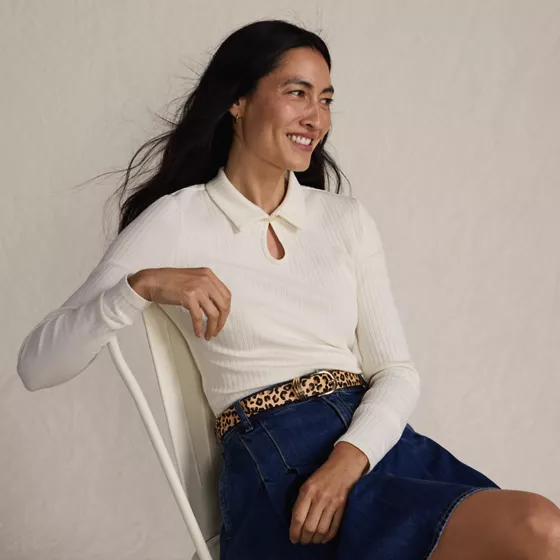 Women's Long Sleeve Pointelle Rib Keyhole Polo Top - primary