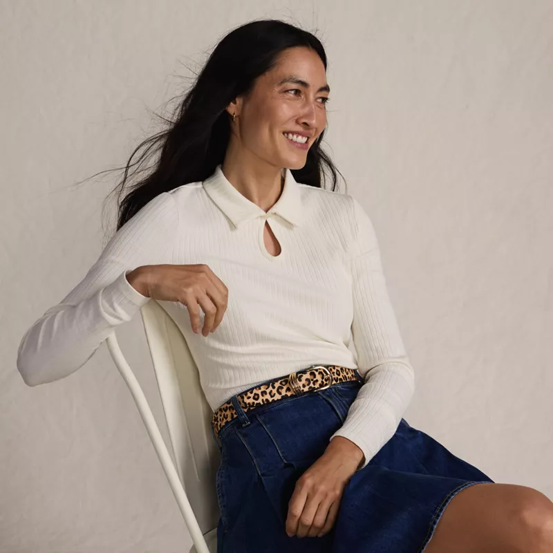 Women's Long Sleeve Pointelle Rib Keyhole Polo Top, alternative image