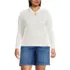 Women's Plus Size Long Sleeve Pointelle Rib Keyhole Polo Top, Front