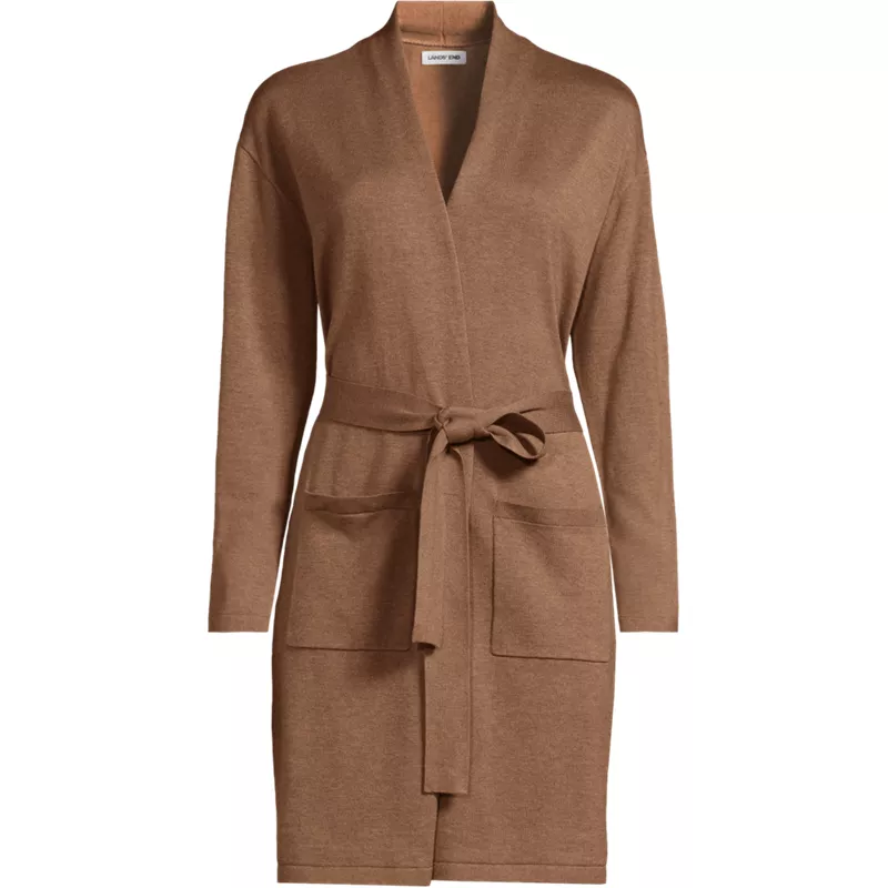 School Uniform Women's Petite Cotton Modal Tie Waist Long Cardigan Sweater, Front