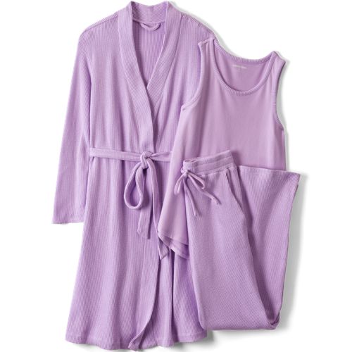 Women's Brushed Cozy Waffle Jersey 3 Piece Pajama Set - Tank Top Pant and Robe, Front