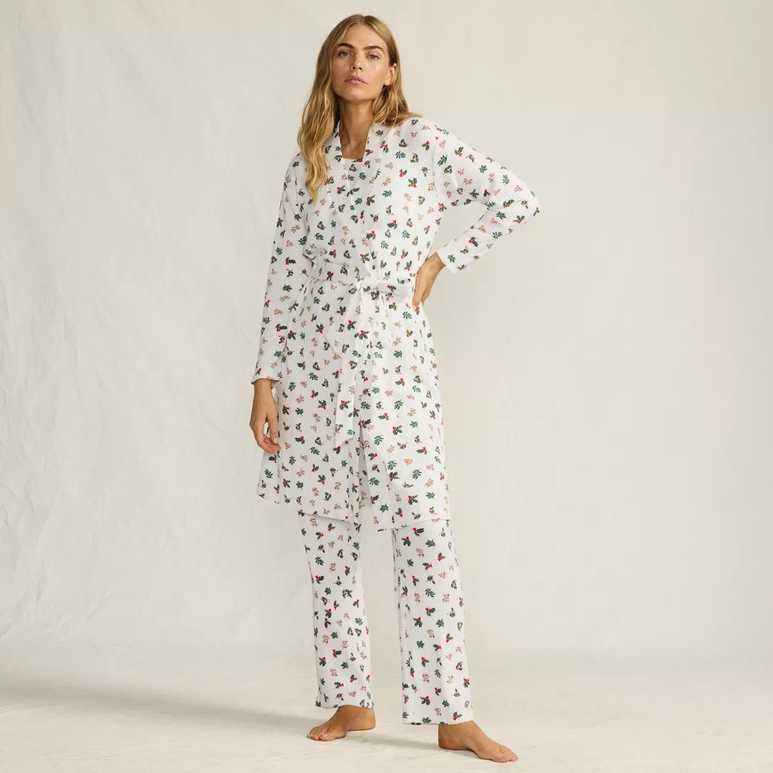 Women's Brushed Cozy Waffle Jersey 3 Piece Pajama Set - Tank Top Pant and Robe