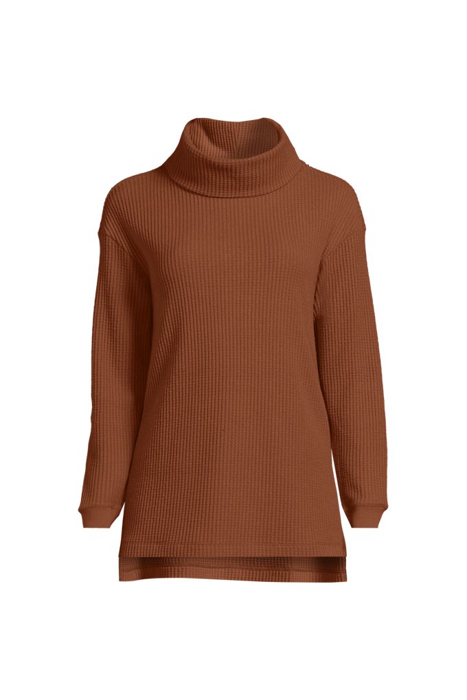 Lands' End Women's Plus Size Long Sleeve Waffle Cowl Neck Tunic In Orange