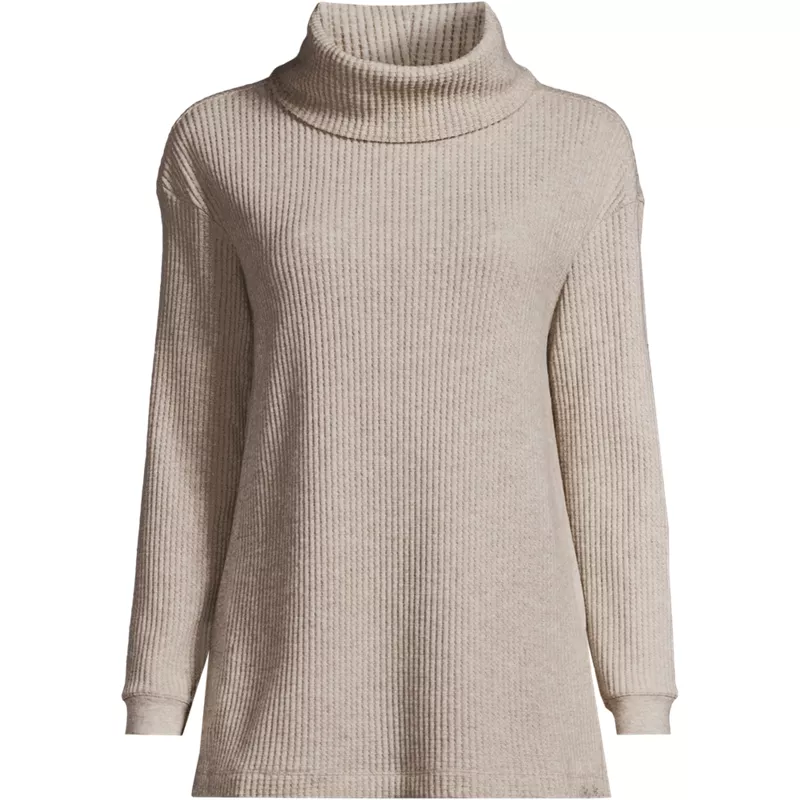 Women's Long Sleeve Waffle Cowl Neck Tunic, Front
