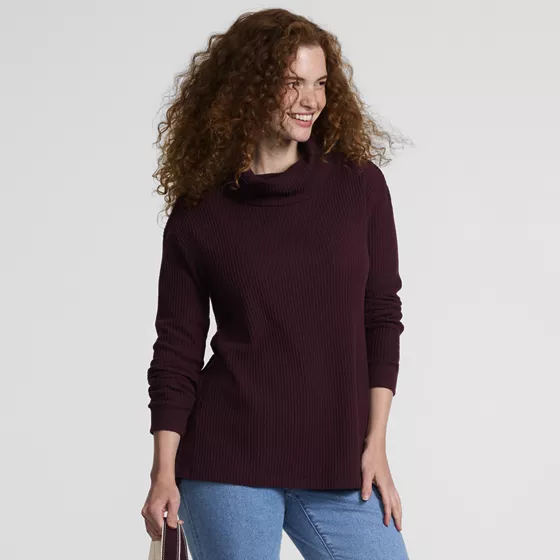Women's Long Sleeve Waffle Cowl Neck Tunic - primary