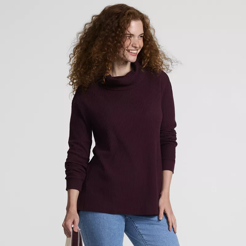 Women's Long Sleeve Waffle Cowl Neck Tunic, alternative image