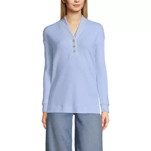 Women's Long Sleeve Waffle Shawl Collar Henley, Front