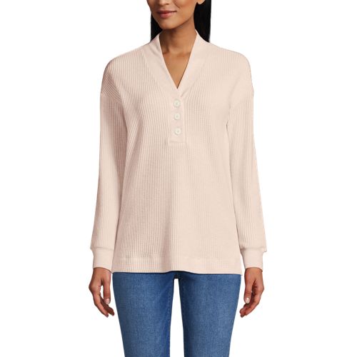 Women's Long Sleeve Waffle Shawl Collar Henley, Front