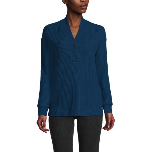  Lands' End Waffelstrick-henleyshirt, Damen, Größe:32-34 Regular, Blau, Baumwoll-mischung/polyester-mischung, By Lands' End 